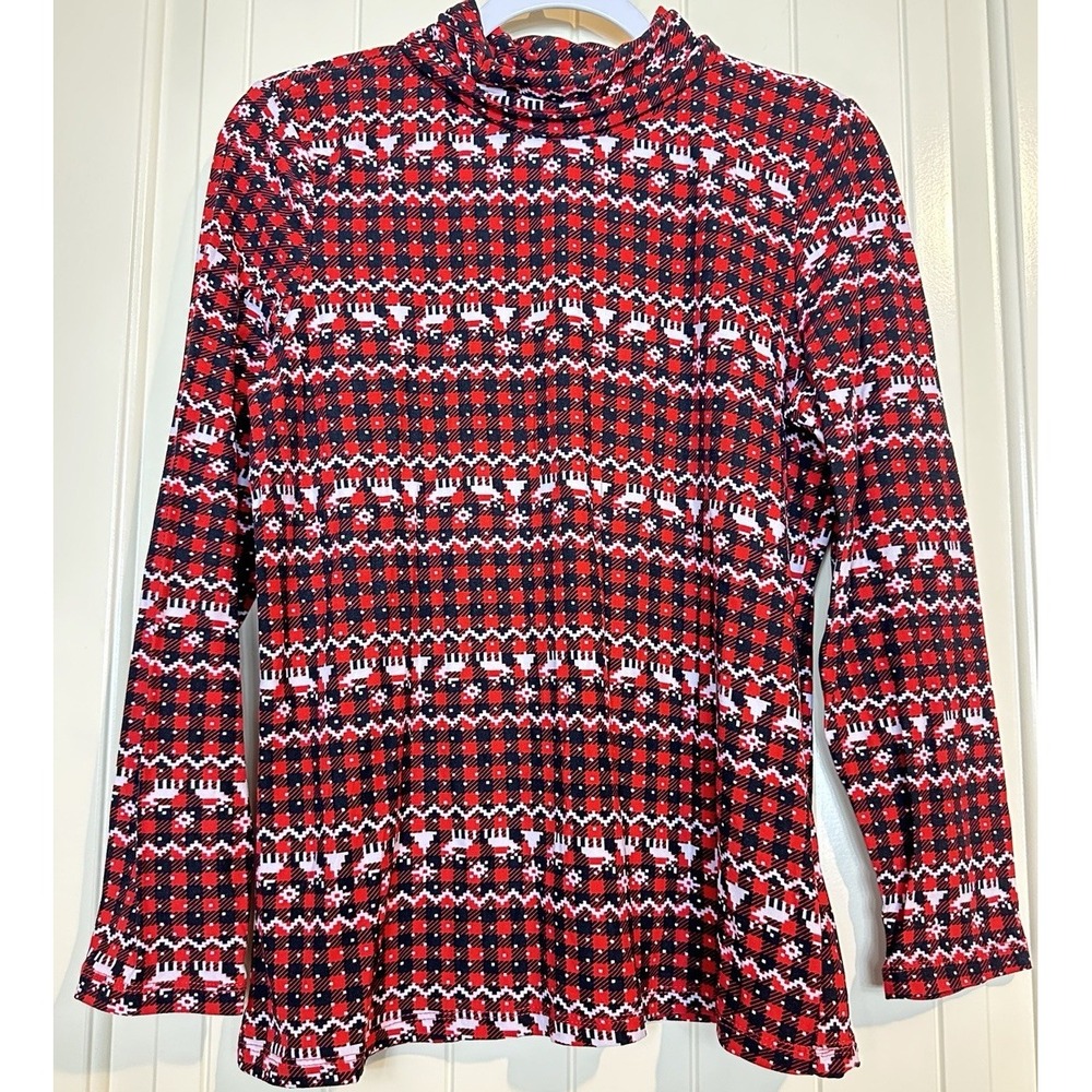 Red Black Plaid Tree Reindeer Christmas Holiday Turtleneck Long Sleeve top Sz M